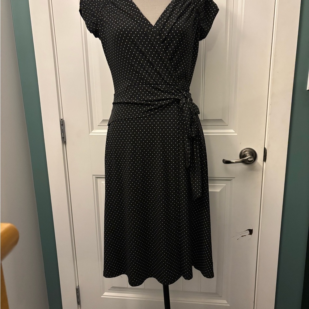 Vintage Ricki's Black and White Polka Dot Wrap Dress with Tie Front.